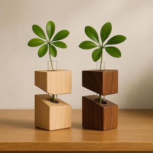 Jardinière en bois minimaliste de luxe avec vase en tube à essai, décoration nordique pour la maison, support pour plantes - Product Image 1