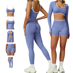Ensemble de yoga cinq pièces pour femme, couleurs personnalisables, soutien-gorge de sport extensible, haut court à manches longues et short, logo frontal, tenue de fitness coupe ajustée - Product Image 1