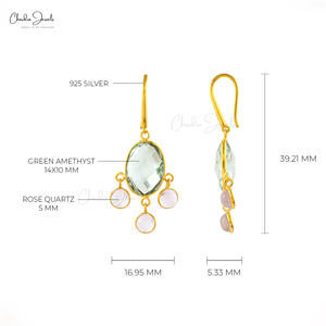 High Polish 925 Sterling <b>Silver</b> Gemstone Dangling <b>Earrings</b> 9.66 CTW Green Amethyst & Rose Quartz Danglers at Factory Cost - Product Image 2