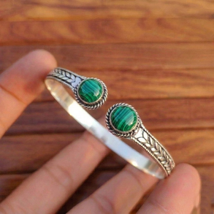 Malachite Aura Hydro Stone Silver Plated Dual Stone <b>Adjustable</b> Cuff Bangle Wholesale Jewelry for women - Product Image 2