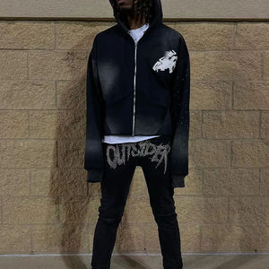 Sudadera con capucha para hombre OEM Streetwear Vintage con efecto desgastado por el sol, bordado de apliques personalizado, estampado de pedrería, corte holgado, estilo cropped y oversize, con cremallera - Product Image 3