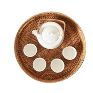 Plateau de service en rotin naturel fait main de haute qualité avec poignées, panier gigogne en osier tressé, plateau à fruits peu profond, rangement de table - Product Image 1
