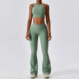 Women Yoga Set Seamless High Waist Flared Leggings <b>Crop</b> <b>Top</b> 2 Piece Light Blue Fitness Wear Breathable Sport Outfit - Product Image 4