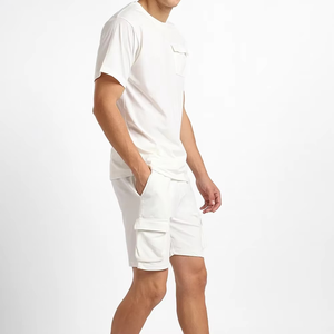 Men's Cotton Casual T-Shirt <b>Set</b> With Pocket And Cargo Shorts Summer Breathable <b>Knitted</b> Solid Design Crew Neck - Product Image 3