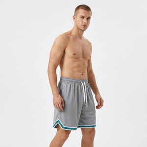 Shorts gris unis pour hommes avec bordure turquoise, taille à cordon de serrage, séchage rapide, vêtements de sport décontractés - Product Image 4