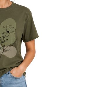 Customized Olive Green Women Crew Neck Floral Graphic Printed T Shirt Casual Soft Breathable Summer Custom OEM Fashion Tee <b>Top</b> - Product Image 4
