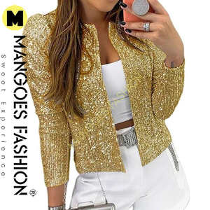 เสื้อแจ็คเก็ตปักเลื่อมสำหรับผู้หญิงสุดหรู สีทอง เหมาะสำหรับงานปาร์ตี้ ดีไซน์เปิดด้านหน้า สวมใส่สบาย ผลิตจากเลื่อมแท้ - Product Image 2