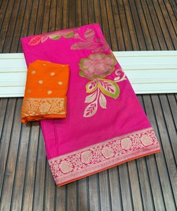 Premium Nylon Viscose Khaddi Crepe Georgette Saree with Floral Weaving & Dori Piping Blouse - Product Image 1