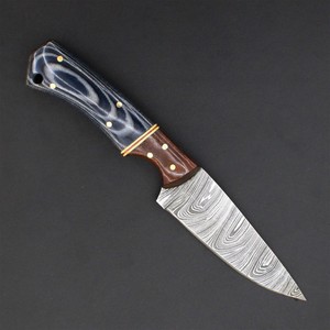 Couteau de chasse artisanal en acier Damas, manche en bois foncé et G10, lame pleine longueur, couteau de survie extérieur avec étui en cuir premium - Product Image 1