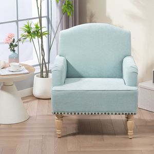 Poltrona Club Moderna Retrò in Tessuto con Gambe in Legno e Finitura con Borchie, Comoda Poltrona Imbottita per Soggiorno - Product Image 5
