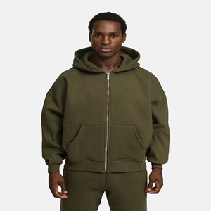 Sudadera con capucha para hombre, verde oliva, con cremallera, corte regular, de algodón polar, estilo casual urbano, para invierno, con tratamiento antiencogimiento. - Product Image 1
