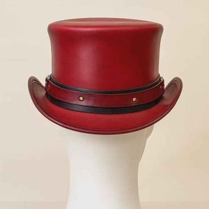 High Quality Custom Handmade Unisex Red Leather Steampunk Top <b>Hat</b> With Ring Band Festival Cosplay <b>Hat</b> - Product Image 4