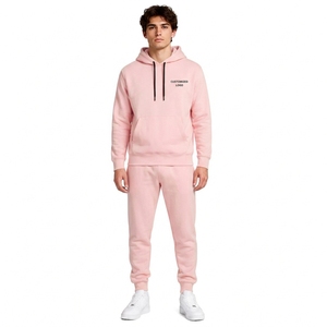 Ensemble de survêtement rose à capuche pour homme, manches longues, couleur unie, sweat-shirt et pantalon décontractés avec personnalisation du logo sur le devant - Product Image 1