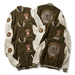 Chaqueta Letterman al por mayor, abrigo universitario de lana color carbón, bordado de la Unión de Papeteros, mangas de cuero crema, estilo bomber - Product Image 3