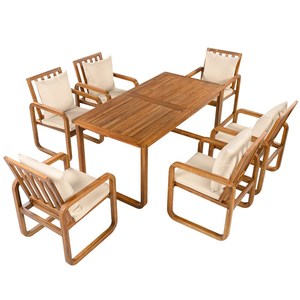 Ensemble de table à manger rectangulaire en teck à plateau lamellé avec 6 fauteuils à base de traîneau et coussins pour terrasse en bois - Product Image 2