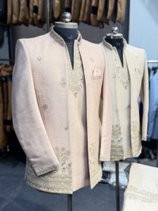 Sherwani en lin pour homme, broderie dorée, tenue de mariage traditionnelle, coupe classique, style Inde Pakistan, sans plis, 3 pièces, Indo - Product Image 1
