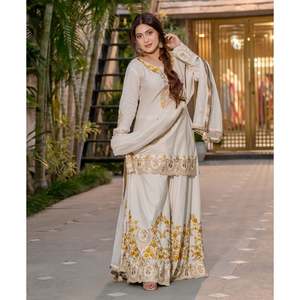 Designer Silk Salwar Kameez Party Wear Fancy <b>Top</b>-Plazzo and Dupatta for Special Occasions - Product Image 3