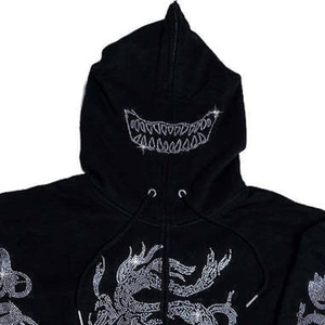 Sudadera con capucha personalizada con estampado de dragón y pedrería, cremallera completa, boca de demonio, estilo urbano, hip hop - Product Image 3