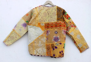 Femmes matelassé coton Sari Patchwork brodé bouton veste manteau Long tissé respirant écologique coupe-vent Tribal - Product Image 4