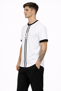<b>Men</b>’s <b>White</b> Graphic T <b>Shirt</b> – Premium Cotton Regular Fit <b>Short</b> <b>Sleeve</b> with Black Contrast Collar and <b>Sleeve</b> Trim Vertical Stripe - Product Image 2