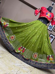 Heavy Cotton Gamthi Work Lehenga Choli With Mirror Work Rayon Cotton Dupatta Navratri Garba Festival Wear Set - Product Image 6
