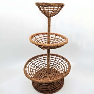 Rattan 3 tiered <b>basket</b> shelf handmade tabletop organiser stand fruit pastry snack <b>display</b> rack - Product Image 3
