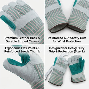 Guantes de Trabajo de Cuero Vacuno de Primera Calidad con Palma Reforzada Verde y Dorso de Lona a Rayas, Guantes de Seguridad Industriales Resistentes - Product Image 5