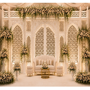 Décor mural de scène de mariage en bois blanc de style moghol, cadres en bois Jali d'inspiration marocaine tendance pour la décoration de scène de mariage - Product Image 1