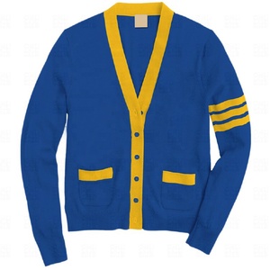 Women's Purple V-Neck Cardigan With Yellow Trim And Buttons Casual Autumn Sweater Full Sleeve Solid Color Knitted Coat - Product Image 4