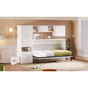 Lit Murphy double blanc avec étagères ouvertes et tiroirs de rangement, armoire intégrée et table - Product Image 5