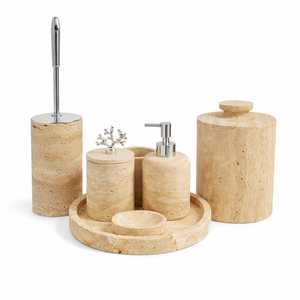 Affordable Travertine <b>Bathroom</b> <b>Accessories</b> Set with Soap Dish Dispenser Tumbler and Tray for Countertop Organization - Product Image 1