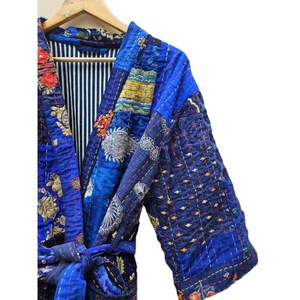 Indian Handmade Vintage Khambhadiya Patchwork <b>Women's</b> Kimono <b>Robe</b>-Thermal Summer Sleepwear Loungewear Boho Chic 100% Silk - Product Image 3