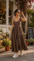 V-Neck <b>Sleeveless</b> Maxi <b>Dress</b> In Brown Solid Color A-Line Loose Fit Casual <b>Summer</b> Woven Linen Cotton Tiered Hem Women <b>Dress</b> - Product Image 4