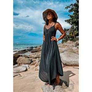 Vestido largo informal de verano para mujer, vestido largo informal de verano, color negro, estilo bohemio, sin mangas, con tirantes finos, corte holgado - Product Image 3