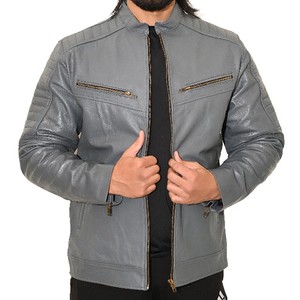 <b>Men</b> Gray Genuine <b>Leather</b> Moto Biker <b>Jacket</b> Stand Collar Zipper Closure Slim Fit Windproof Winter Style <b>Faux</b> Fur Lining - Product Image 4