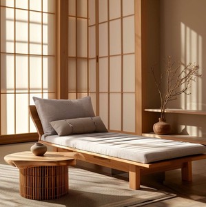 Chaise longue en bois moderne avec dossier inclinable réglable, revêtement en tissu, style japonais, meubles de salon - Product Image 1