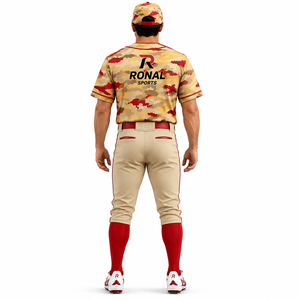 RONAL SPORTS Uniforme de baseball imprimé camouflage à manches courtes pour homme, maillot respirant en polyester avec ceinture rouge et chaussettes - Product Image 2