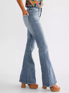 Jean évasé taille haute en denim pour femme, style vintage, délavé, en coton, longueur intégrale, décontracté, pour le printemps - Product Image 2