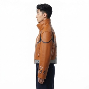 Chaqueta de Cuero Color Coñac para Hombre, con Bordado de Ojo de Fuego, Cuello Alto, Estilo Motero, Racer, Bomber, Ropa de Calle - Product Image 4