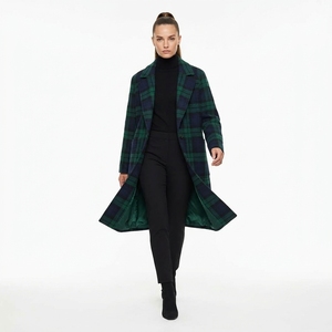 Green Plaid Wool <b>Trench</b> <b>Coat</b> Long Notched Lapel Single Button Casual Winter Women's Outerwear - Product Image 2