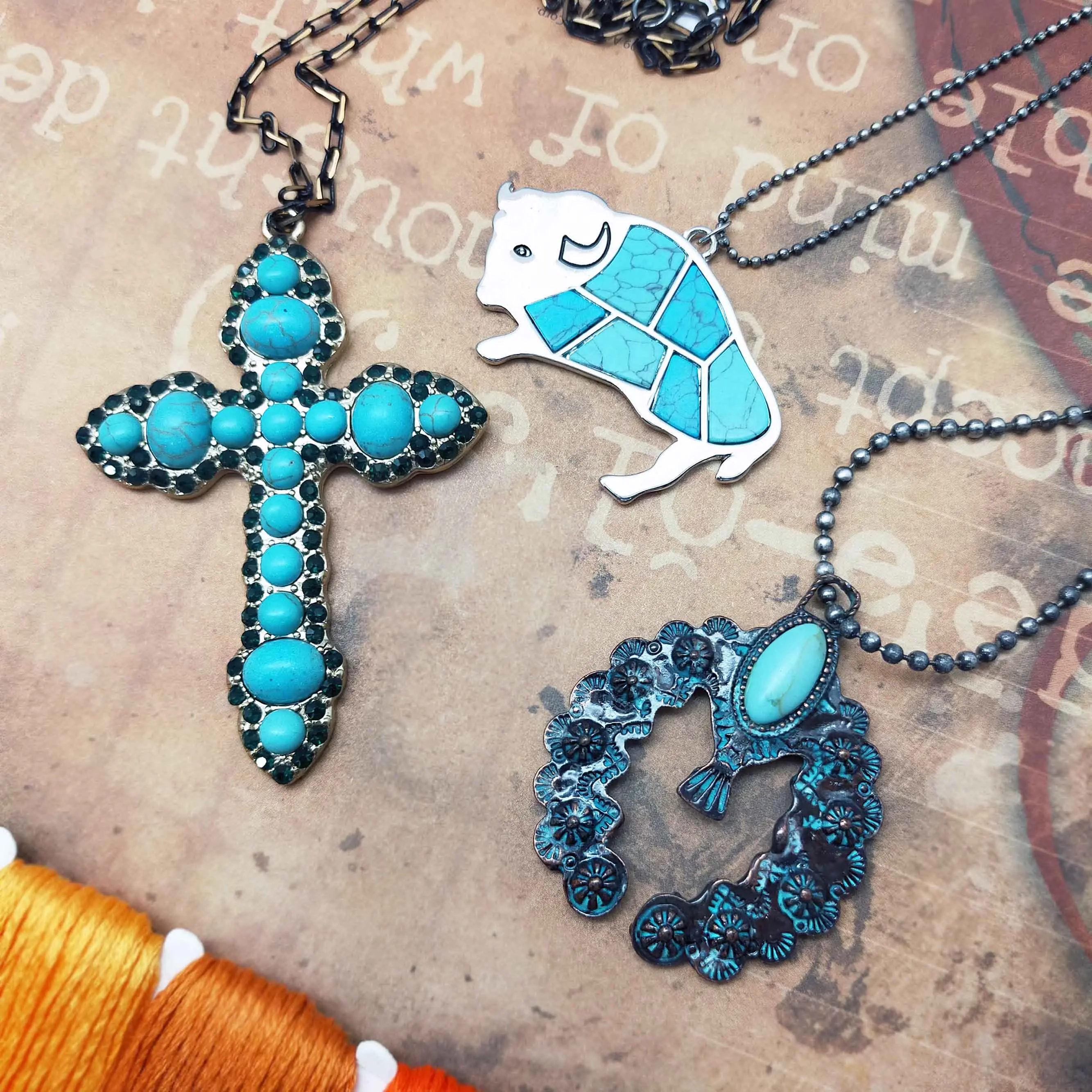 Western Style Turquoise Bison Cross Necklace Pendant Vintage Fancy Fashion Jewelry for women girls