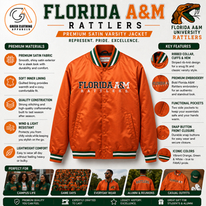 High Quality Wholesale Glossy Satin FAMU Bomber Jacket Custom <b>Covered</b> <b>Button</b> Rib Varsity Outerwear Hooded Eco-Friendly - Product Image 5