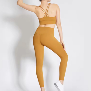 Women's Seamless High Waist Full Length Leggings Solid Yellow Yoga Set Racerback <b>Crop</b> <b>Top</b> Two Piece Activewear - Product Image 6