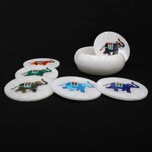 Sous-verres en marbre d'éléphant incrusté, ensemble de sous-verres artisanaux en pierre indienne, protection de table, décoration intérieure, cadeau pour elle ou lui - Product Image 1