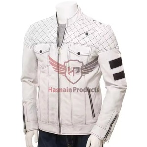 Mens Real White <b>Leather</b> <b>Jacket</b> Slim Fit Biker Motorcycle Quilted Shoulder Cowhide Coat Custom Classic Fashion Outerwear New Wear - Product Image 2