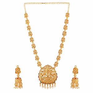 Ensemble collier et boucles d'oreilles longs en alliage plaqué or avec perles imitation, design ethnique, pour femmes, bijoux de mariage, bijoux de fête, bijoux tendance - Product Image 1