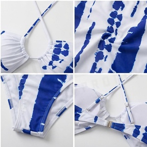 Women One Piece Swimsuit Blue White Tie Dye <b>Crossed</b> Halter Asymmetric Wrap Side With Drawstring Bandeau Style - Product Image 4