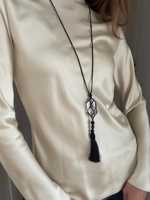 Collier long fait main en acier inoxydable avec pendentif macramé et pompon de perles d'eau douce, style bohème, cadeau bouddhiste