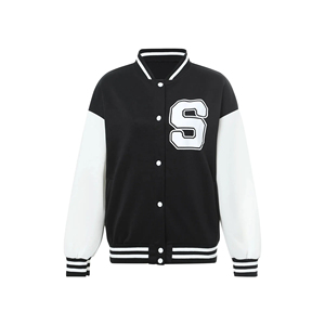 Chaqueta Universitaria Unisex Negra y Blanca con Letra S Bordada, Estilo Preppy, Corte Regular, para Otoño - Product Image 1