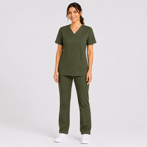 Ensemble de blouses médicales vert olive pour femmes, col en V, uniforme de soins de santé, tenue de travail pour infirmières, haut et pantalon, vente en gros - Product Image 5